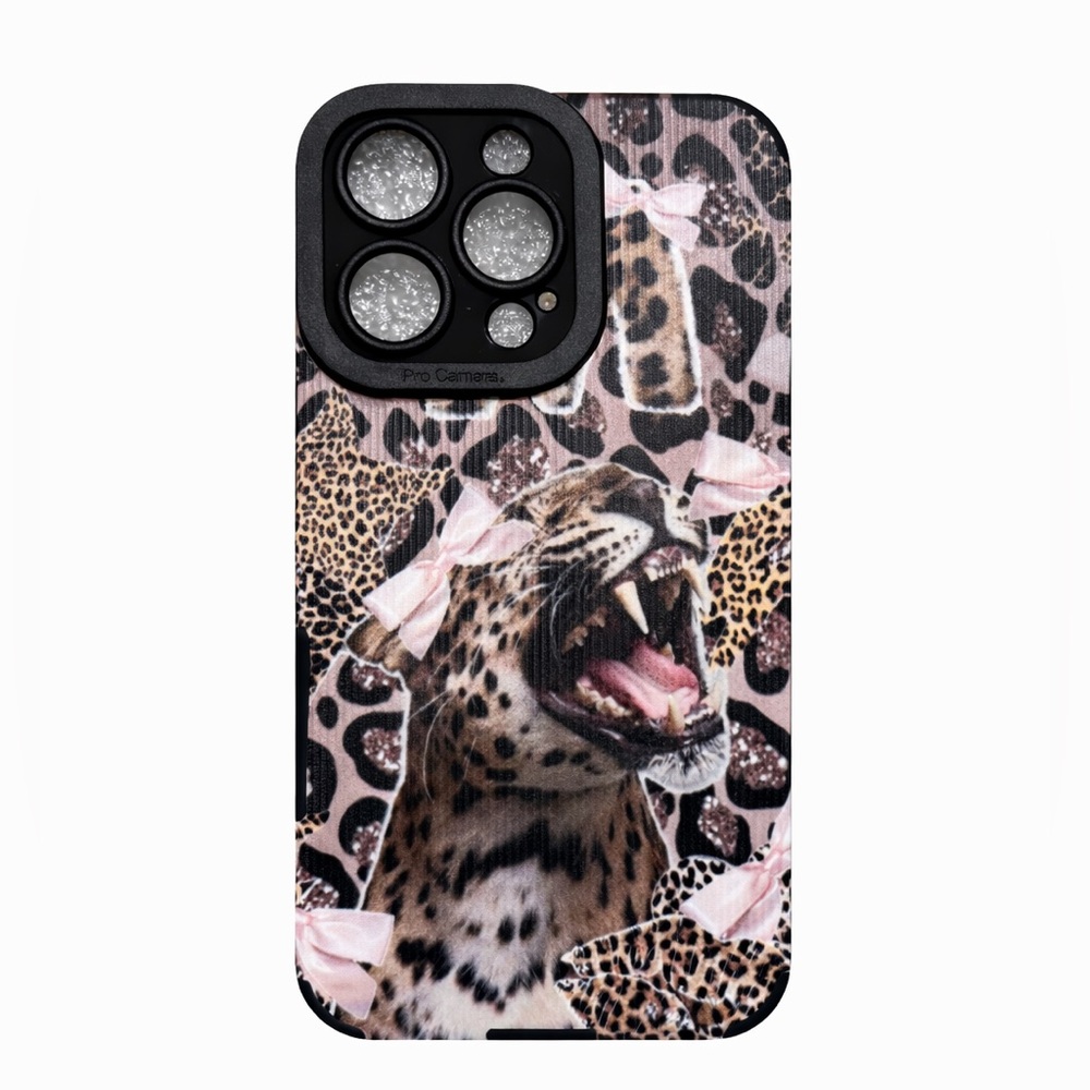 iPhone Phone Case PU Leather Vertical Grain Pink Bow Leopard Animal Print